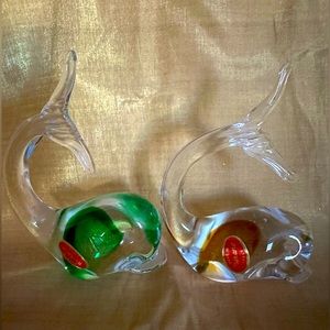 NEW MURANO GLASS 2 WHALES FIGURINES.MADE IN MURANO, ITALY